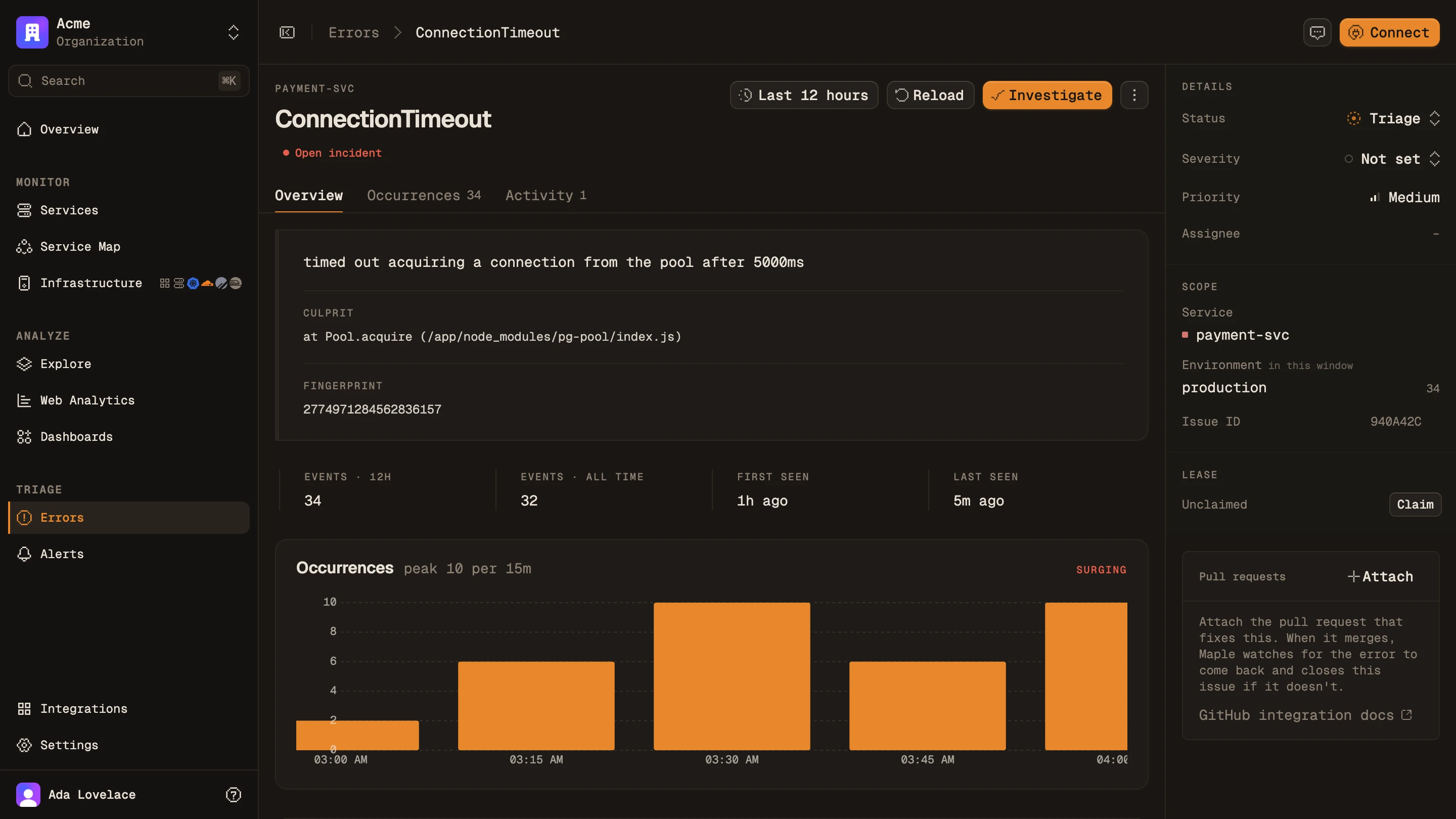 The ConnectionTimeout issue open with its stack trace, trend and affected traces