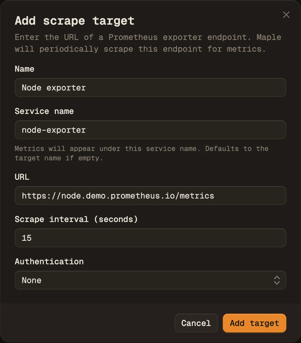 The Add scrape target dialog filled in: name Node exporter, service name node-exporter, URL https://node.demo.prometheus.io/metrics, scrape interval 15 seconds, authentication None.